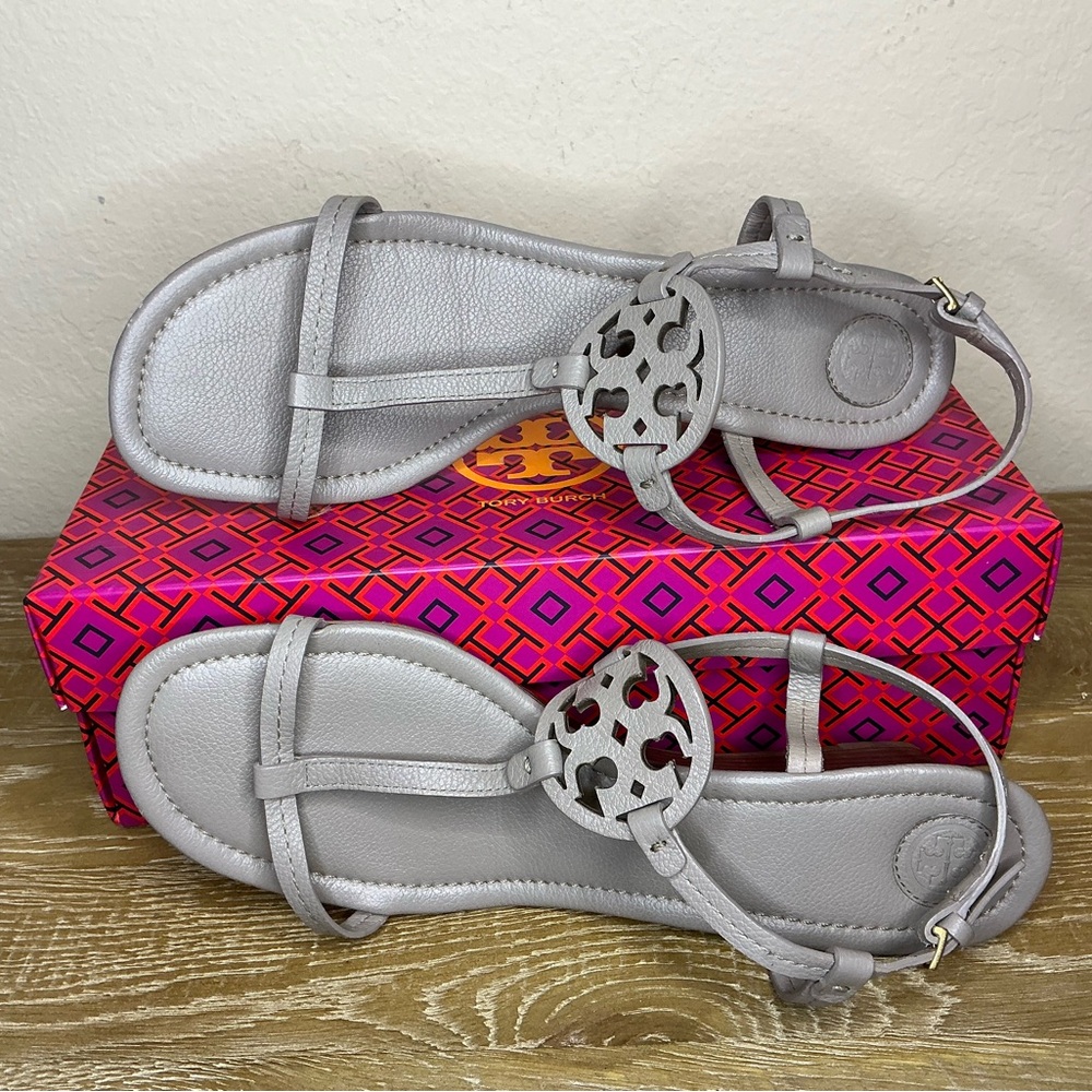 Tory Burch Miller 60 MM Gray Leather with Brown Wedge Sandal Size 10